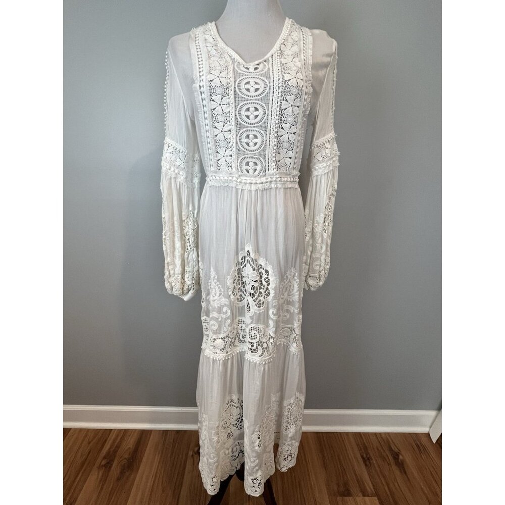 Uli Herzner Ella Dress White Crochet Handcrafted Bishop Sleeve Bohemian S/M $980